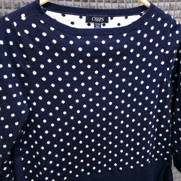 Navy Polka Dot Ruffle Sweater SzM 3/4 Sleeve Preppy Coastal Cottage Soft Stretch - Picture 3 of 13
